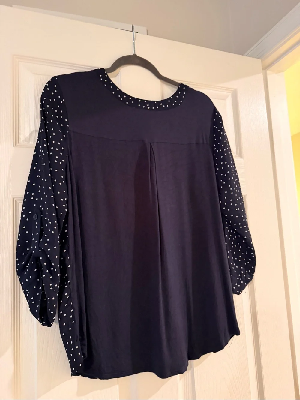 Navy Polka Dot V-Neck Blouse